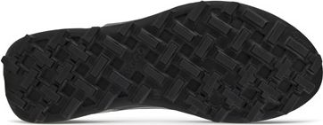 Bottom view of a dark shoe sole with a rectangular block pattern.