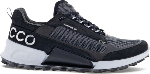 A waterproof hiking shoe with a gray mesh upper and a white midsole. "ECCO" is visible on the side.