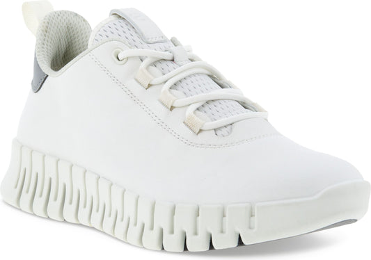 A white sneaker with a textured sole and white laces.