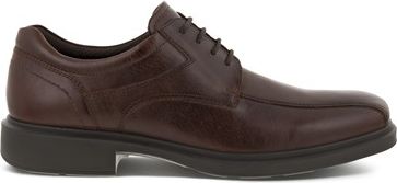 A brown leather dress shoe with laces.