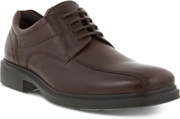 Brown leather men's dress shoe with lace-up closure and a black sole.