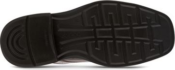 Bottom view of a black shoe with a textured sole.