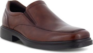 Brown leather slip-on dress shoe with a rounded square toe and a flat block heel.