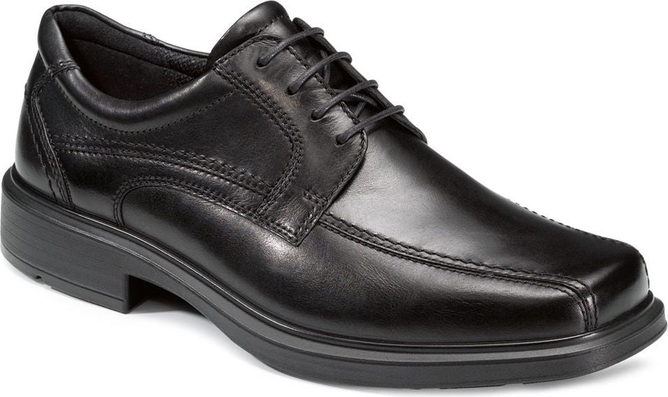 Black leather dress shoe with lace-up closure and a square toe.