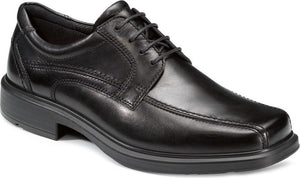 Black leather dress shoe with lace-up closure and a square toe.