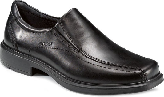Black leather slip-on dress shoe with a low heel and square toe.