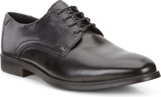 Black leather dress shoe with lace-up closure and low heel.