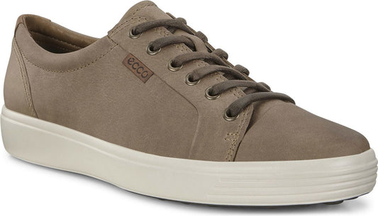 Taupe leather low-top sneaker with white sole and "ecco" logo.
