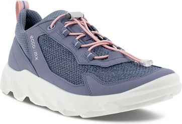 Low-cut lavender sneaker with pink laces and a thick white sole.