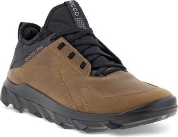 Low-cut brown leather shoe with black accents, black sole and black lacing.