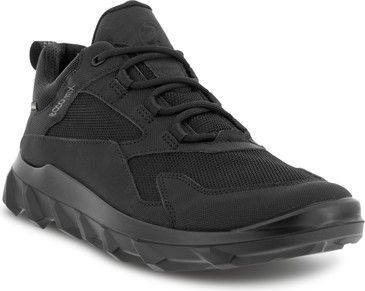 Black low-rise athletic shoe with laces and treaded sole.