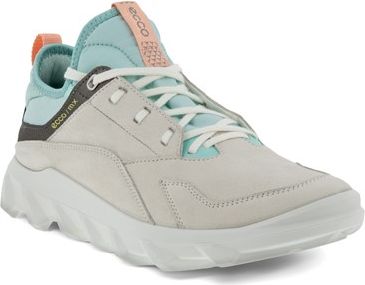Beige casual athletic shoe with white laces and thick white sole. Teal trim around the opening and a peach-colored pull tab on the tongue.