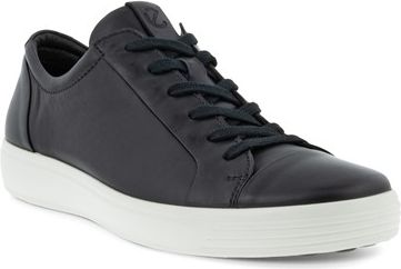 Black leather sneaker with black laces and a white sole.