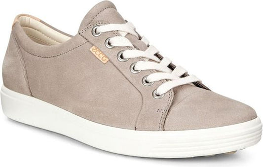 Gray nubuck sneaker with white laces and a white sole.