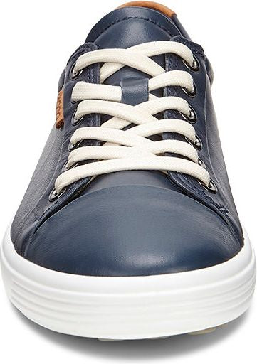 Low-top navy blue leather sneaker with white laces.