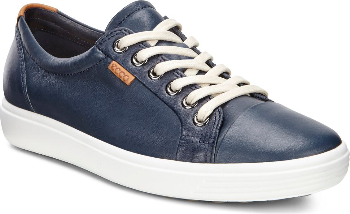 Navy-blue leather sneaker with white laces and a white sole.