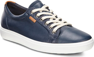 Navy-blue leather sneaker with white laces and a white sole.
