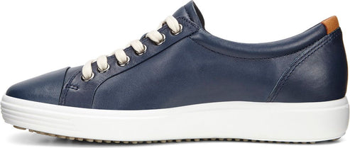 A blue sneaker with white laces and a white sole.