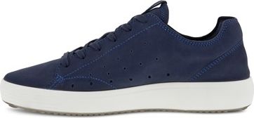 A blue leather sneaker with a white sole and lace-up closure.