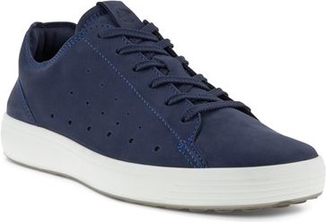 Low-top navy leather sneaker with white midsole, navy laces, and perforated accent.