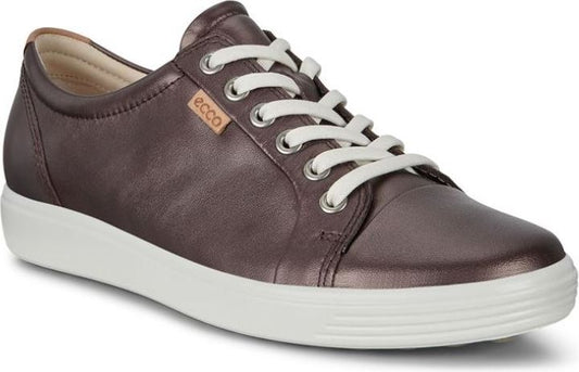 Dark metallic brown leather sneaker with white laces and sole.