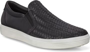 Black, woven leather slip-on shoe with a white sole.
