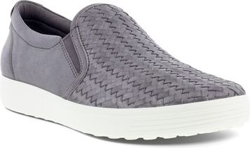 Gray slip-on shoe with woven design and white sole.