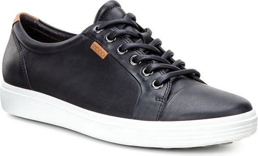 Black leather lace-up shoe with white sole and brown trim.