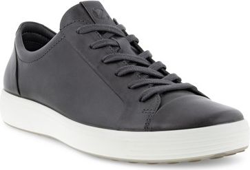 Gray leather sneaker with a white sole and lace-up closure.
