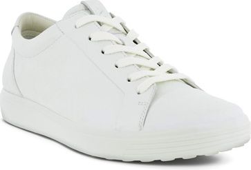 A white leather sneaker with white laces.