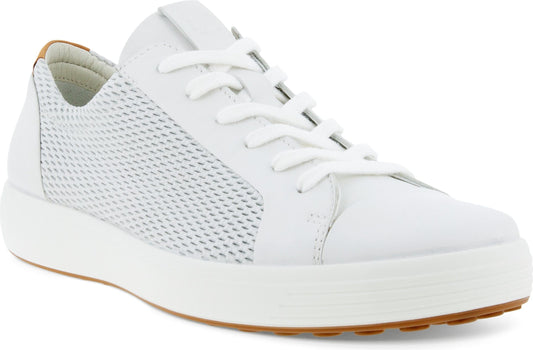 White leather sneaker with mesh side and white laces.