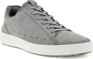 Gray leather sneaker with white sole and lace-up closure.