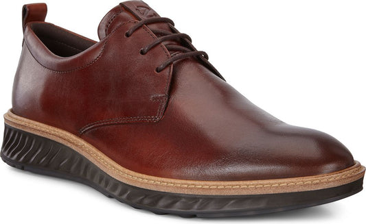 A dark brown leather dress shoe with matching laces and a black ridged sole.