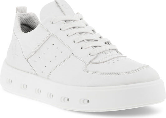 White leather sneaker with white laces and thick white sole.