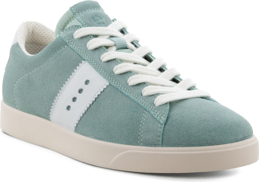 Low-top light blue suede sneaker with white laces and white stripe.