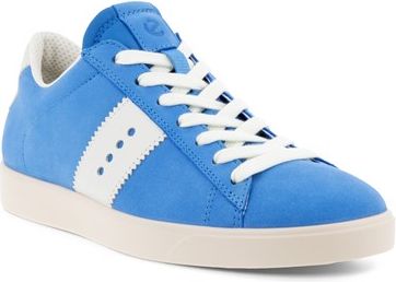 Low-top cornflower blue sneaker with white laces and stripes.