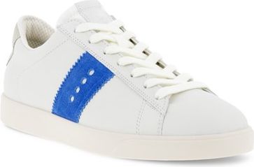 White low-top sneaker with a blue stripe and white laces.