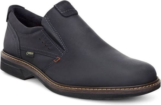 Black leather slip-on dress shoe with brown welt stitching.