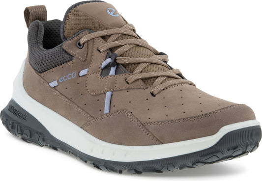 Brown athletic shoe with white midsole and black outsole, featuring laces and ECCO logo.