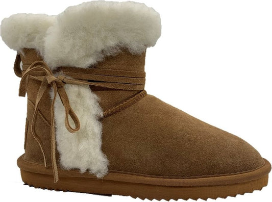 Ankle-high, brown suede boot with white sheepskin trim and lace-up closure.