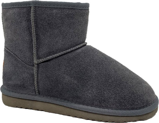 Charcoal-colored ankle-height suede boot with a flat sole.