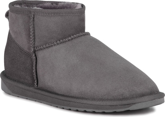 Gray ankle-height sheepskin boot with a gray sole.