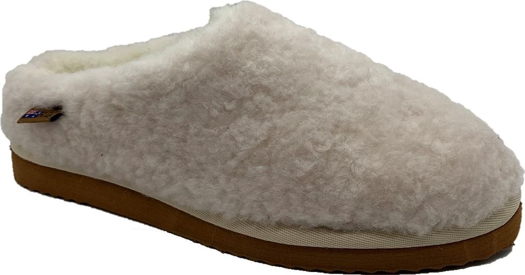 White, shearling slipper with a brown sole.