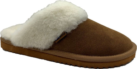 Brown slipper with white fur lining.