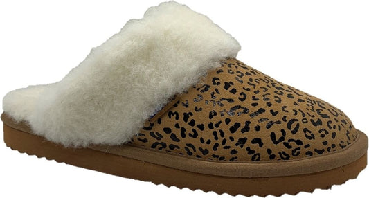 Leopard print slipper with white sheep wool trim and brown sole.