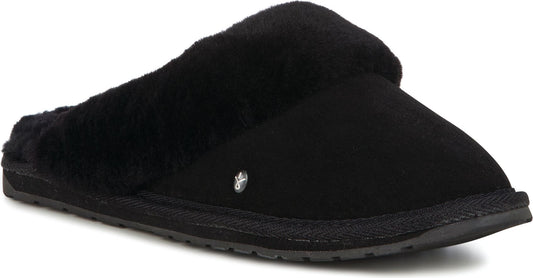 Black slipper with fur trim and a flat sole.