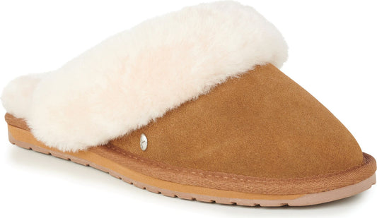 Tan suede slipper with white fluffy trim.