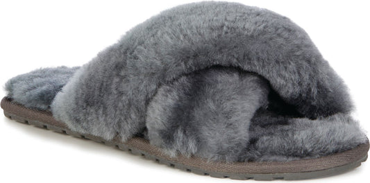 Gray fuzzy crossover slipper.