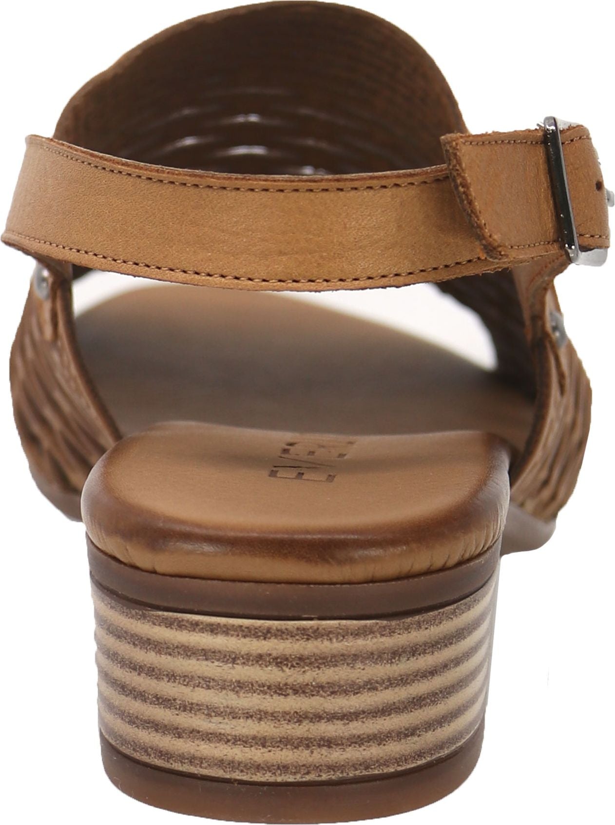 Low-heeled brown leather sandal with buckle strap.