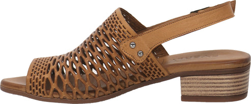 Tan sandal with a heel, an adjustable strap, and laser-cut detailing.